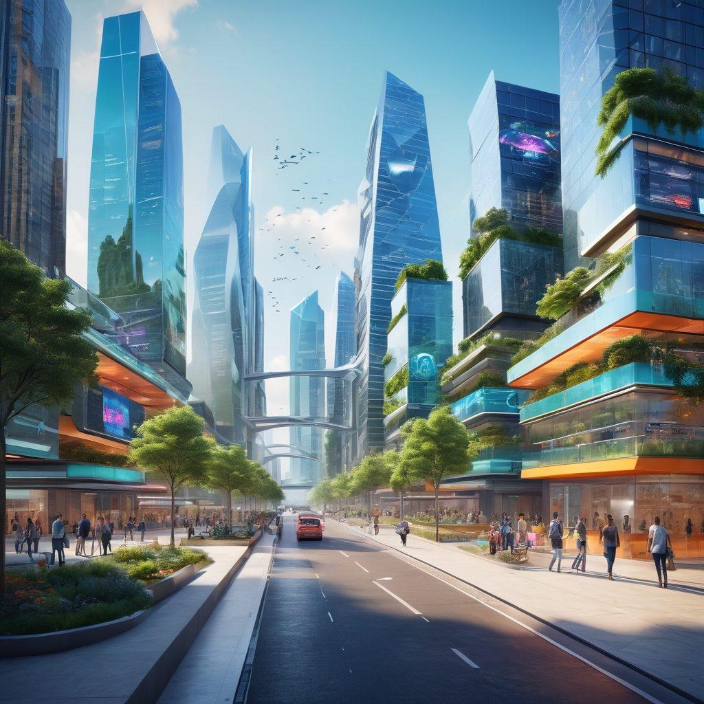 A futuristic cityscape with innovative technology hubs showcasing interactive screens and diverse people engaging with digital services. Include elements like smart buildings, drones, and green spaces to reflect sustainability. Bright colors should evoke a sense of excitement and progress in user engagement. super-realistic. vibrant colors. 3D.