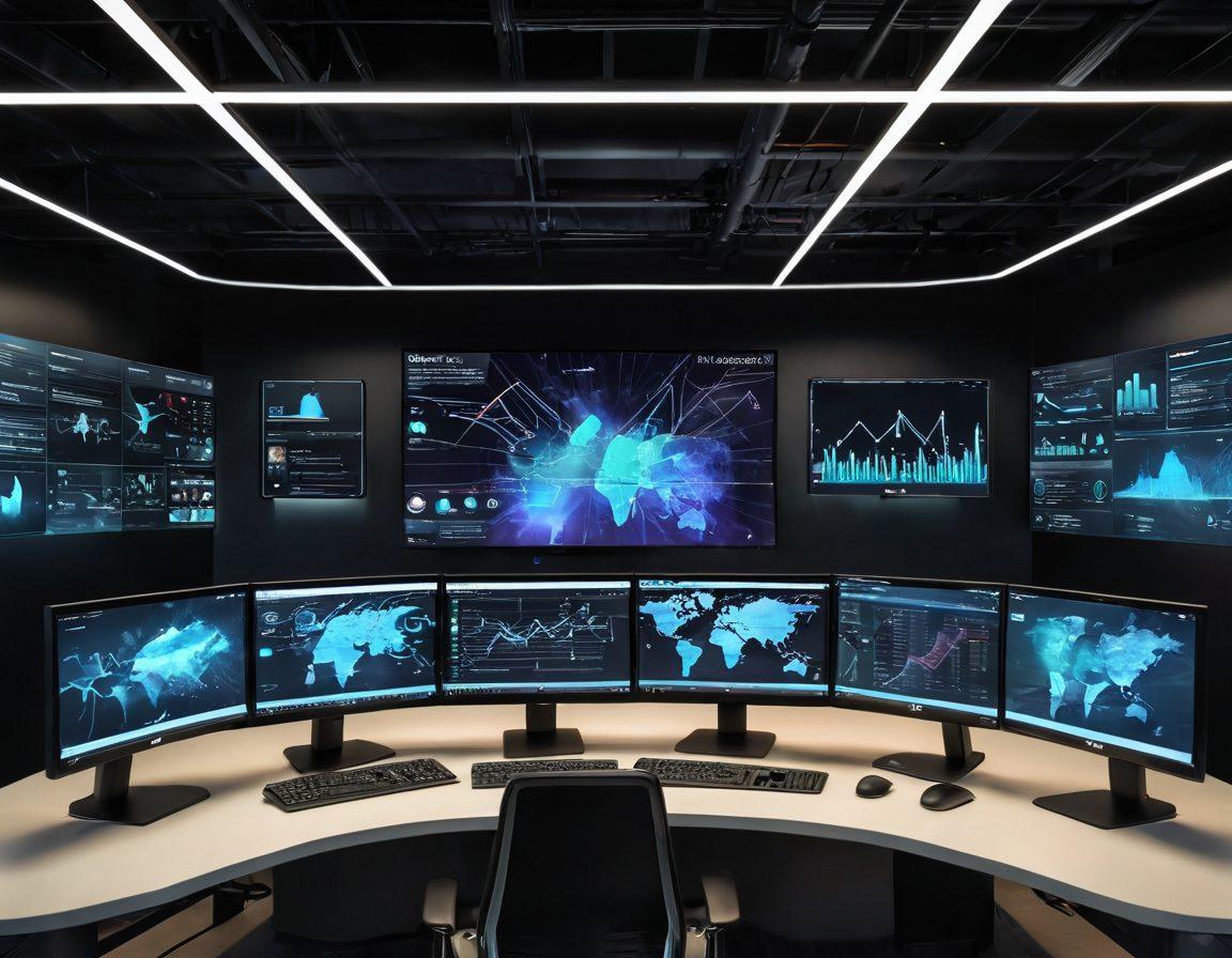 A futuristic workspace showcasing the Voodi platform on multiple screens, with seamless data integration visually represented as glowing connections between devices. Include diverse team members collaborating enthusiastically, surrounded by tech elements like graphs and digital clouds. The atmosphere should be inspiring and innovative, highlighting productivity and teamwork. super-realistic. vibrant colors. high-tech ambience.